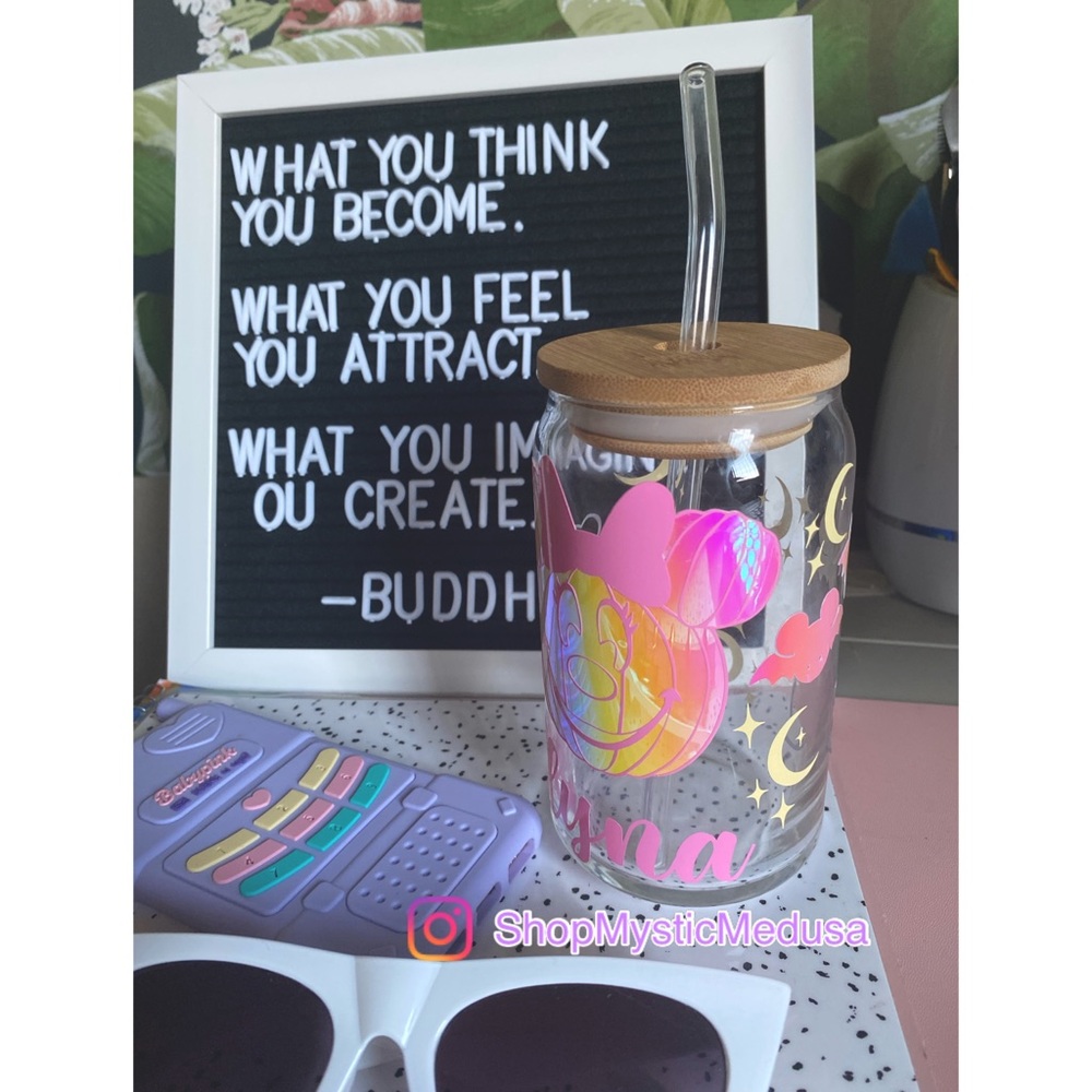 Minnie Mouse Custom Glass Can Cupwith Bamboo Lid